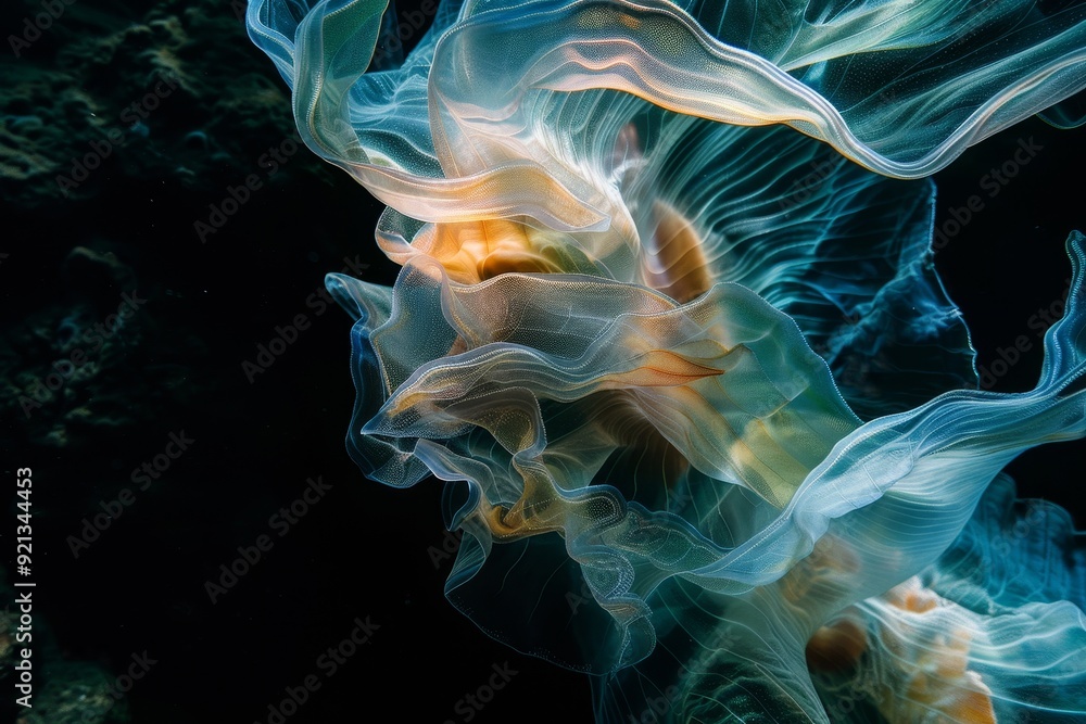 Fototapeta premium Detailed view of a jellyfish swimming in the water, showcasing its unique anatomy and movement, Layers of transparency revealing hidden depths