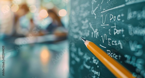 School Classroom Setting With Focus on Writing on Chalkboard