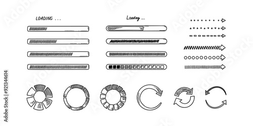 Doodle loading bar, circles. Hand drawn set of graphic, application, ui design elements. Sketch progress status, upload speed, battery charge.