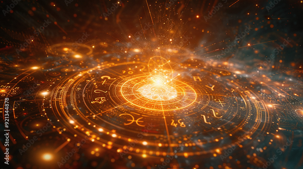 A celestial scene depicting the balance of the zodiac. A celestial scene depicting the balance of the zodiac.