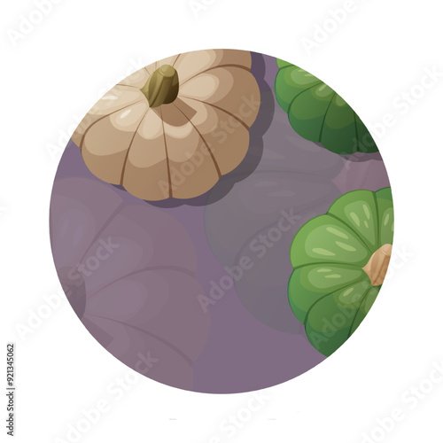 Round background design with white frame. Cute autumn background with purple background. Green and nude pumpkins are conveniently placed on the background.