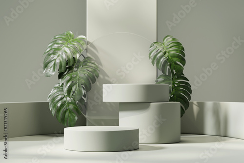 3D rendering abstract platform podium with monstera plant product presentation background	
