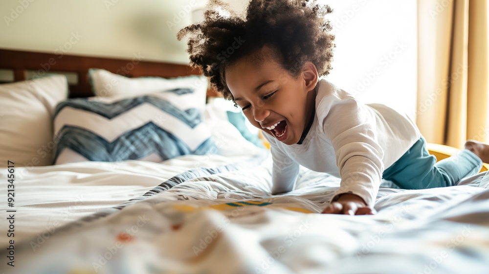 Cheerful and happy child is playfully enjoying their time on a cozy bed set within a beautifully decorated bedroom environment Cheerful and happy child is playfully enjoying their time on a cozy bed set within a beautifully decorated bedroom environment