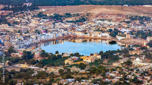 Bird's eye view of the sacred lake Pushkar. India.