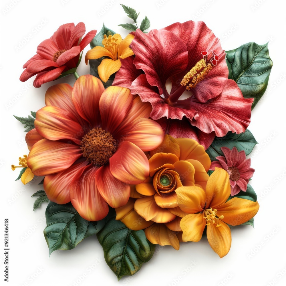 Fototapeta premium Detailed 3D render of hibiscus, sunflowers, and roses, flowers not overlapping, each clearly defined, isolated on white background