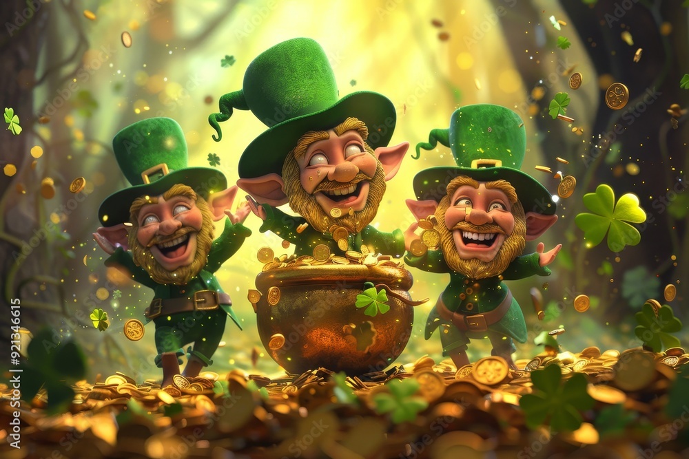 A group of three green leprechaun men are standing next to a pot of gold, Leprechauns dancing around a pot of gold A group of three green leprechaun men are standing next to a pot of gold, Leprechauns dancing around a pot of gold