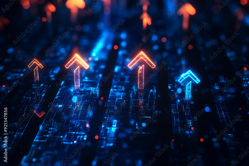 Abstract digital background banner showcasing various-sized arrows pointing up on a smartphone screen, symbolizing data connection and upward Abstract digital background banner showcasing various-sized arrows pointing up on a smartphone screen, symbolizing data connection and upward