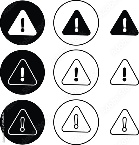 Danger warning icon set. alert triangle warn sign in black flat and line vector collection isolated on transparent background. exclamation attention sign icon. Hazard attention alert, Risk symbol.