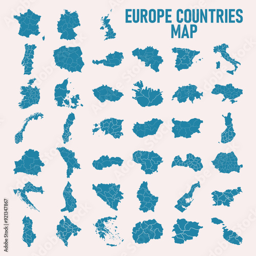 Europe countries maps with regions, isolated on white background. Germany, Netherland, Belgium, Luxemburg, Austria, Switzerland, France, Monaco, Lieehtenstein, Ireland, Great Britain.