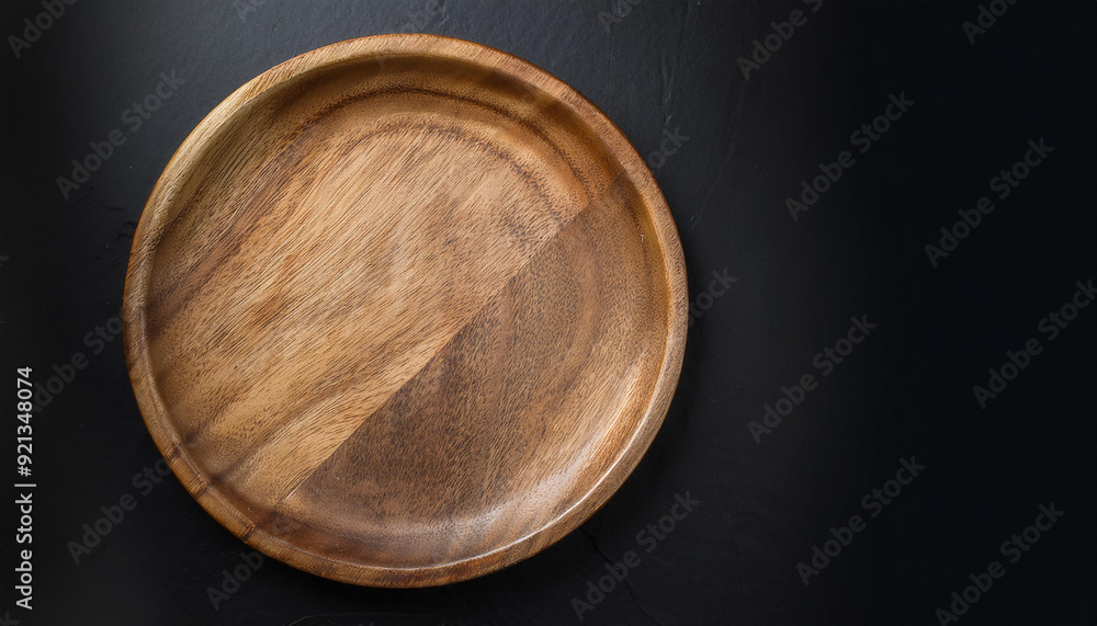 Handcrafted round wooden plate. Empty plate for food. Mock-up. Close-up. Top view Handcrafted round wooden plate. Empty plate for food. Mock-up. Close-up. Top view