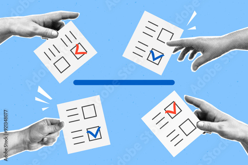 Collage with halftone hands puts down ballots on voting box. Election concept in pop art retro style. Design element for infographic, poster, website