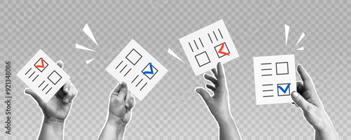 Collage with halftone hands holding a ballots. Election concept in pop art retro style. Design element for infographic, poster, website