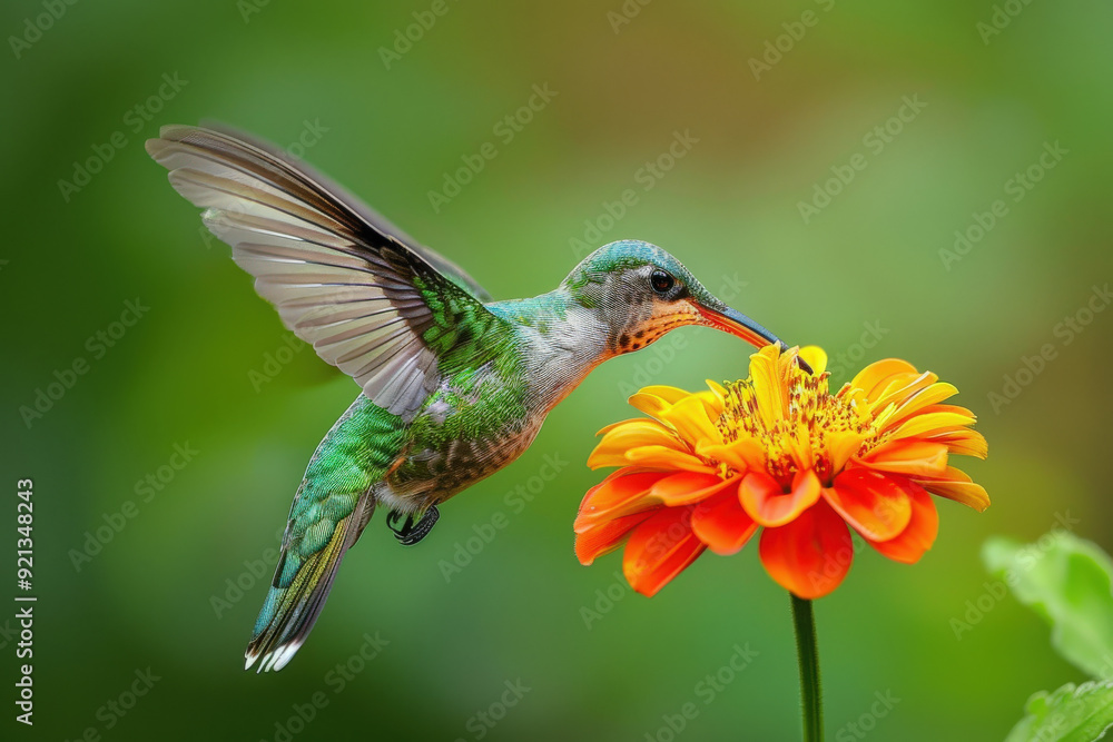 Fototapeta premium Hummingbird Feeding on Orange Flower
