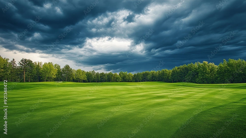 A picturesque golf course with lush green grass extends under a dramatic sky filled with storm clouds. This image symbolizes nature's power, the beauty of contrasts, the anticipation of change A picturesque golf course with lush green grass extends under a dramatic sky filled with storm clouds. This image symbolizes nature's power, the beauty of contrasts, the anticipation of change