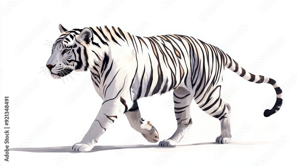 Fototapeta premium A powerful and elegant white tiger strides confidently across a pristine white background