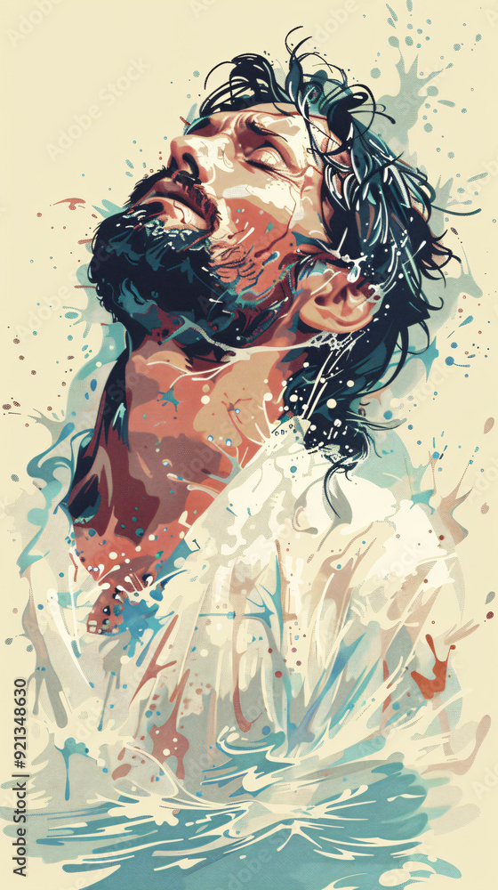 Fototapeta premium Аscension of Сhrist, colorful illustration of resurection and going to heaven Jesus, Son of God, christianity art