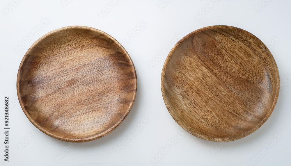 Handcrafted round wooden plate. Empty plate for food. Mock-up. Close-up. Top view Handcrafted round wooden plate. Empty plate for food. Mock-up. Close-up. Top view