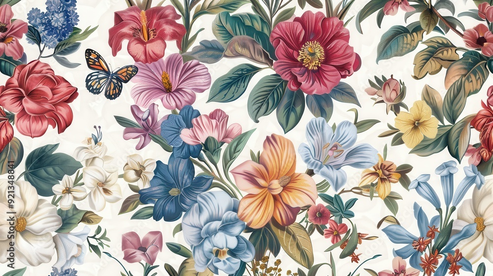 Colorful flowers in full bloom are complemented by a butterfly fluttering through a garden atmosphere Colorful flowers in full bloom are complemented by a butterfly fluttering through a garden atmosphere