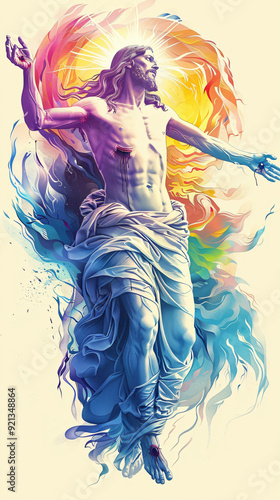 Аscension of Сhrist, colorful illustration of resurection and going to heaven Jesus, Son of God, christianity art