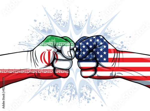 USA iran tension conflict symbolic punching fists with flags white background