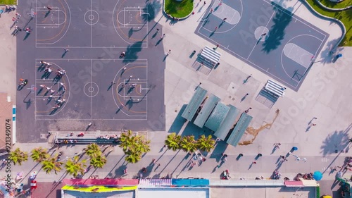 Aerial Venice Beach Muscle Beach & Basketball  Boardwalk top-down