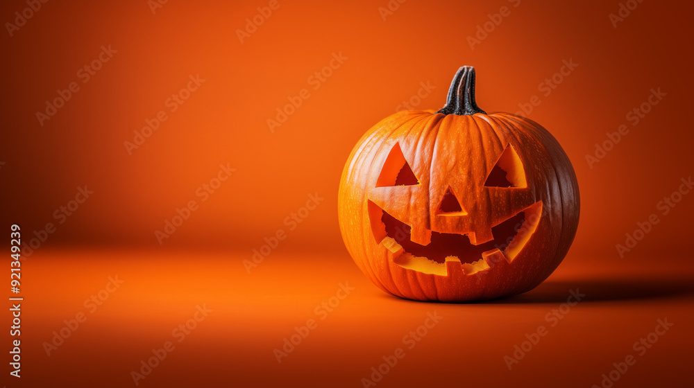 Isolated Halloween pumpkin jack-o'-lantern on orange background with copy space, banner. Isolated Halloween pumpkin jack-o'-lantern on orange background with copy space, banner.