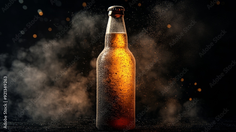 A single bottle of beer with condensation droplets, surrounded by smoke and water droplets on a dark background. It symbolizes refreshment, celebration, and enjoyment. A single bottle of beer with condensation droplets, surrounded by smoke and water droplets on a dark background. It symbolizes refreshment, celebration, and enjoyment.