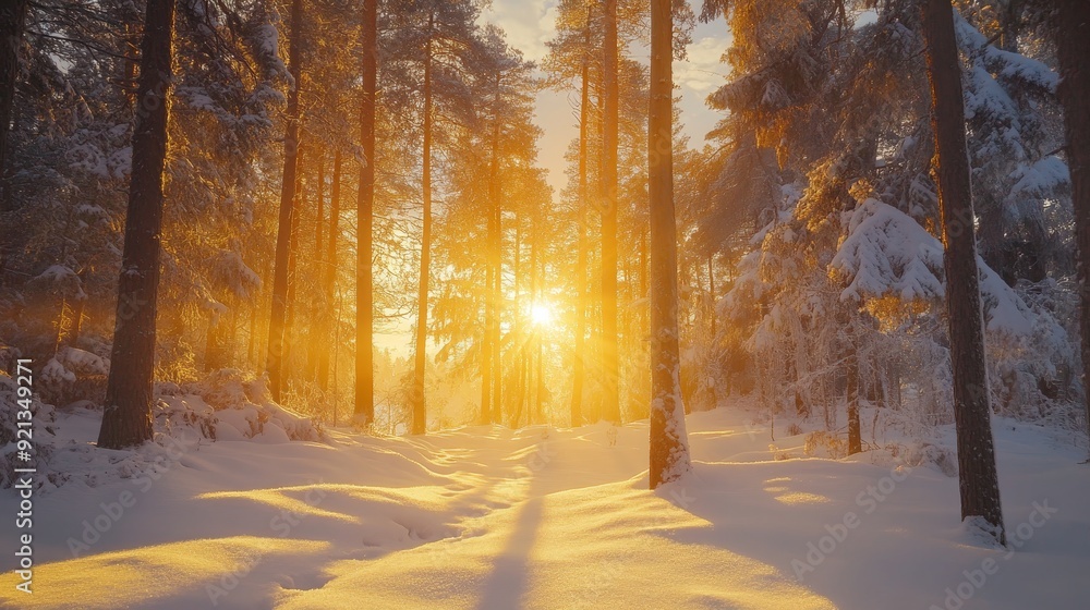 A serene winter scene with tall trees covered in snow, bathed in the warm glow of the setting sun. The sunbeams pierce through the branches, creating a magical atmosphere. A serene winter scene with tall trees covered in snow, bathed in the warm glow of the setting sun. The sunbeams pierce through the branches, creating a magical atmosphere.