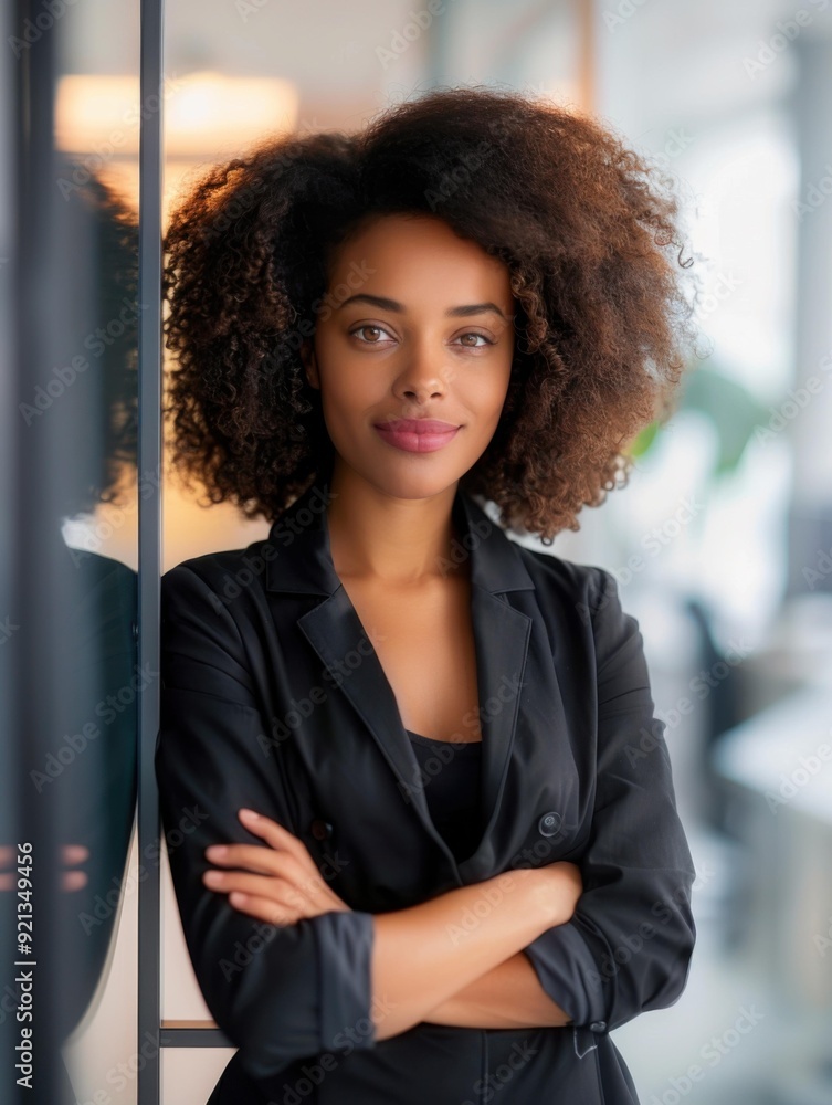 A woman with curly hair standing in front of a glass wall. AI. A woman with curly hair standing in front of a glass wall. AI.