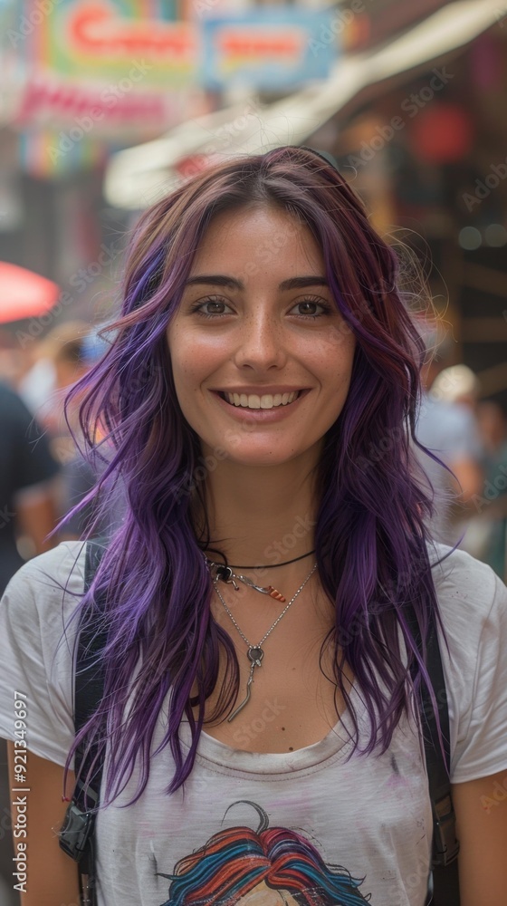 A woman with purple hair smiling in a city street. AI. A woman with purple hair smiling in a city street. AI.