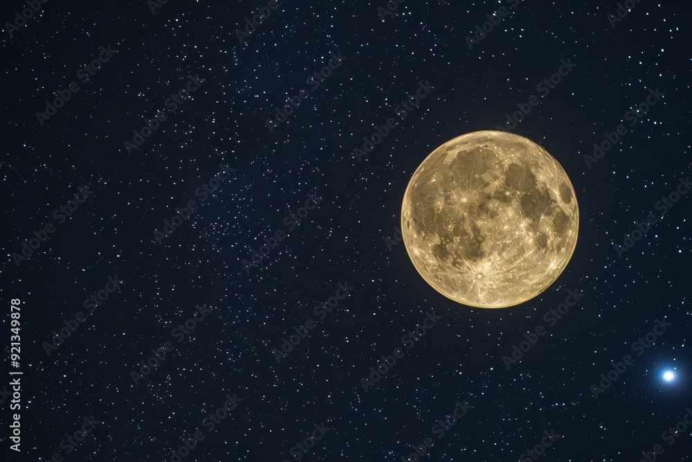 A full moon shines brightly next to a small star in the night sky, Luminous glow of a full moon against a starry sky A full moon shines brightly next to a small star in the night sky, Luminous glow of a full moon against a starry sky