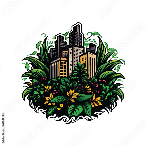 A cityscape is consumed by nature, overgrown with lush green foliage and vibrant flowers.