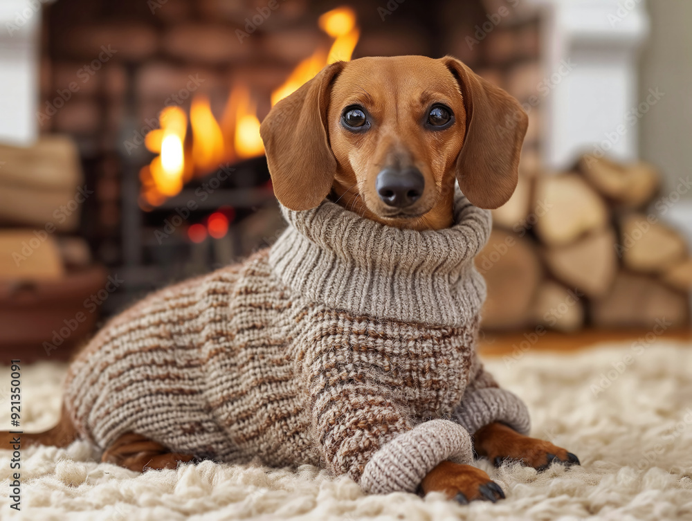A dog is wearing a sweater and laying on a rug in front of a fireplace. The dog appears to be comfortable and relaxed in its warm clothing