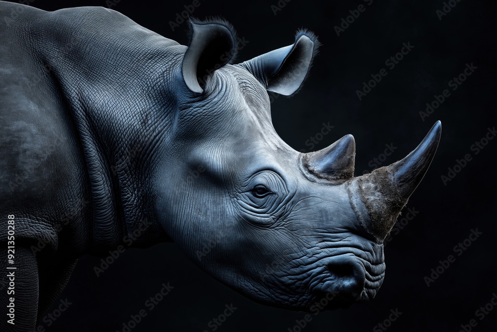 Fototapeta premium Photo of a rhino isolated against a black background, emphasising the rhino's majestic features. Wildlife and conservation concept, space for copy.