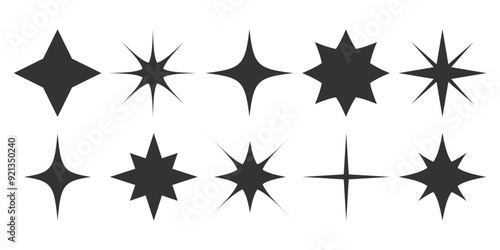 Spark Shape icons set. Abstract Black Sparkle shine effect. Star twinkle silhouette. Element for posters, banner, logo, card design. Magic Celebration Symbol. Vector illustration