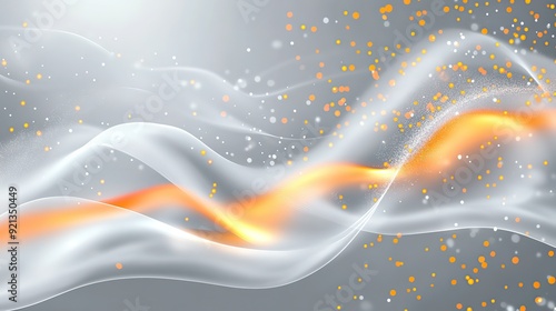 Abstract grey background with orange and white dots, grey wavy lines and sparks on the right side