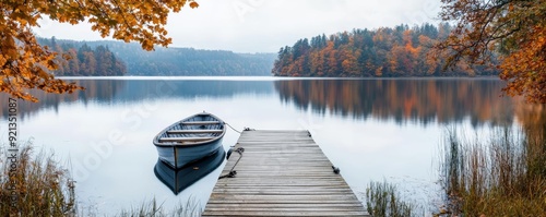 A serene lake with a wooden dock and a rowboat tied to it, surrounded by autumn foliage