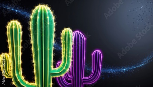 Wallpaper Mural Two cacti outlined with neon lights against a cosmic background, blending natural elements with futuristic design. Torontodigital.ca