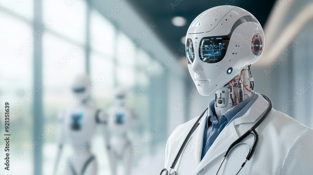 A futuristic AI-powered hospital with robots and advanced diagnostic tools, symbolizing healthcare transformed by AI A futuristic AI-powered hospital with robots and advanced diagnostic tools, symbolizing healthcare transformed by AI