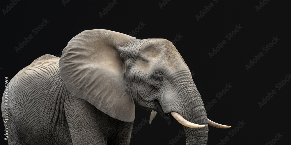 Fototapeta premium Photo of a elephant isolated against a black background, emphasising the elephant's majestic features. Wildlife and conservation concept, space for copy.