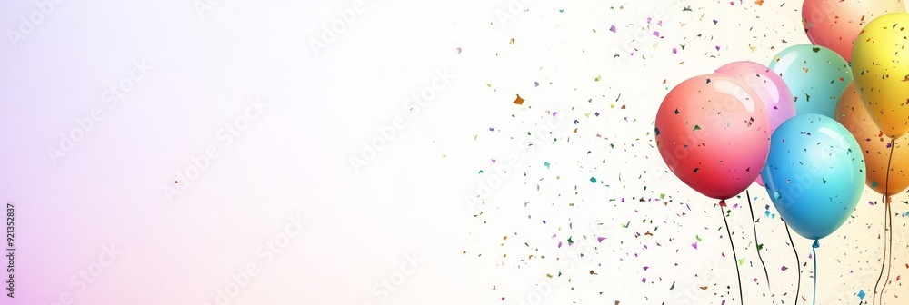 This image features colorful balloons floating against a white background with confetti falling around them. The balloons represent joy, celebration, and happiness. The confetti symbolizes festivity This image features colorful balloons floating against a white background with confetti falling around them. The balloons represent joy, celebration, and happiness. The confetti symbolizes festivity