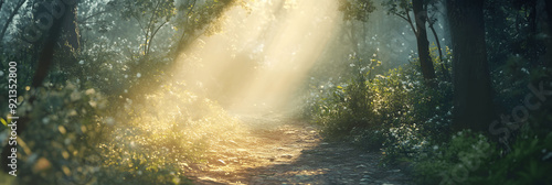 Nature-themed banner with serene forest trail, sunlight filtering through trees, space for text