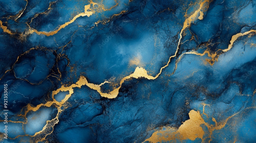 This image showcases a captivating abstract marble texture, featuring a rich blue background with flowing veins of golden glitter. The design evokes a sense of luxury, elegance This image showcases a captivating abstract marble texture, featuring a rich blue background with flowing veins of golden glitter. The design evokes a sense of luxury, elegance
