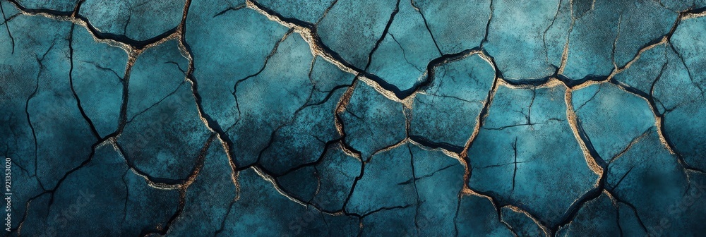 This image showcases a close-up view of a cracked surface, revealing a teal blue hue. The intricate network of cracks suggests fragility, vulnerability This image showcases a close-up view of a cracked surface, revealing a teal blue hue. The intricate network of cracks suggests fragility, vulnerability