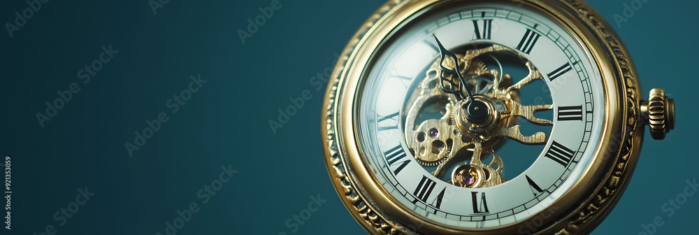 Objects banner with antique pocket watch, gradient background, space for text Objects banner with antique pocket watch, gradient background, space for text