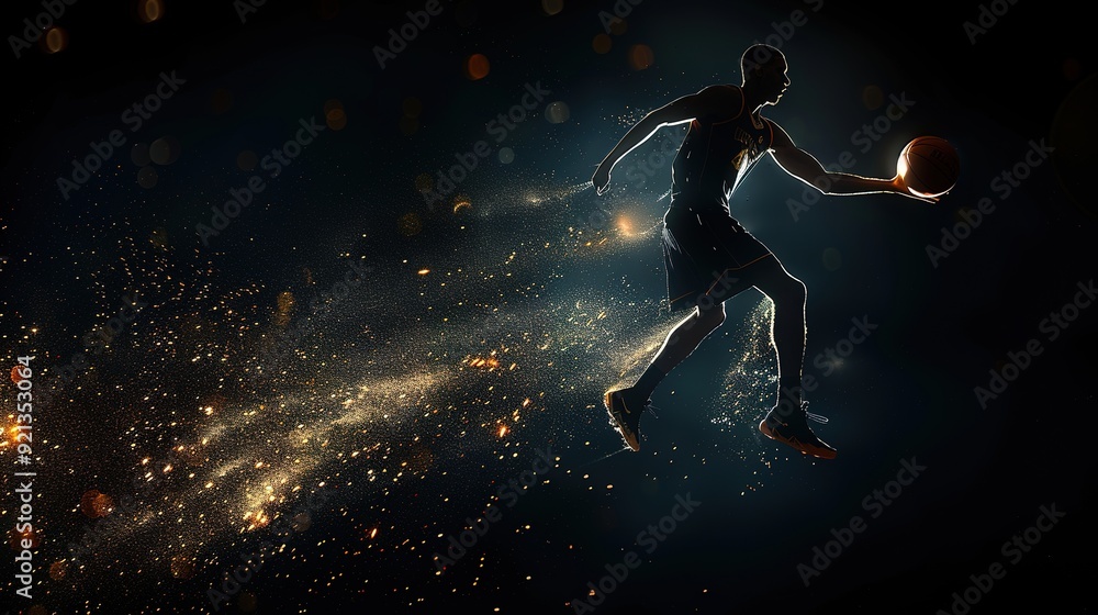 Naklejka premium Abstract silhouette of a basketball player man in action isolated black background.