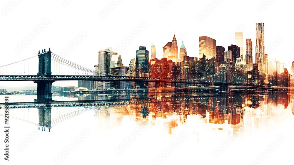 Fototapeta premium Golden hour paints urban canvas with skyscraper silhouettes, reflecting in tranquil water