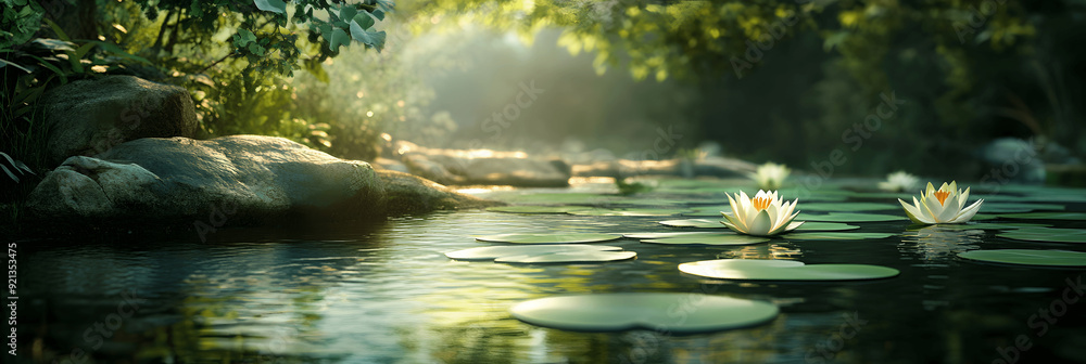 Parks-themed banner with serene pond, lily pads, soft lighting, plenty of space for copy Parks-themed banner with serene pond, lily pads, soft lighting, plenty of space for copy