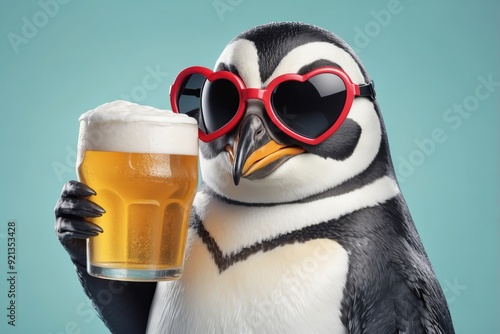 A penguin wearing red heart-shaped sunglasses holds a glass of beer with a frothy head, showcasing fun and whimsy.
