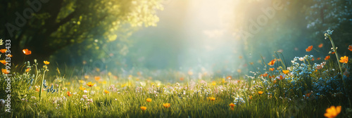 Parks-themed banner with scenic meadow view, wildflowers, soft lighting, ample space for copy on the side